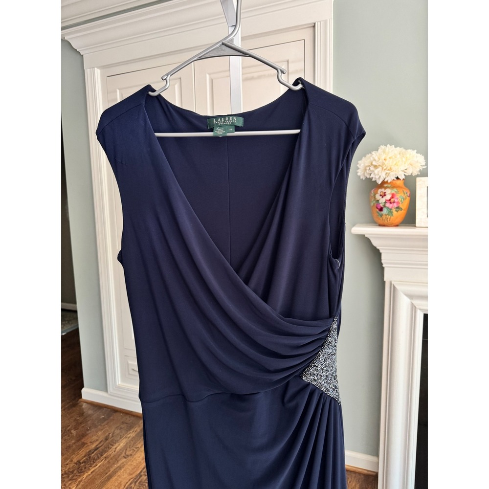 New Lauren Ralph Lauren Evening Navy Draped Gown Rhinestone Detail 14‎ Formal - Picture 3 of 13